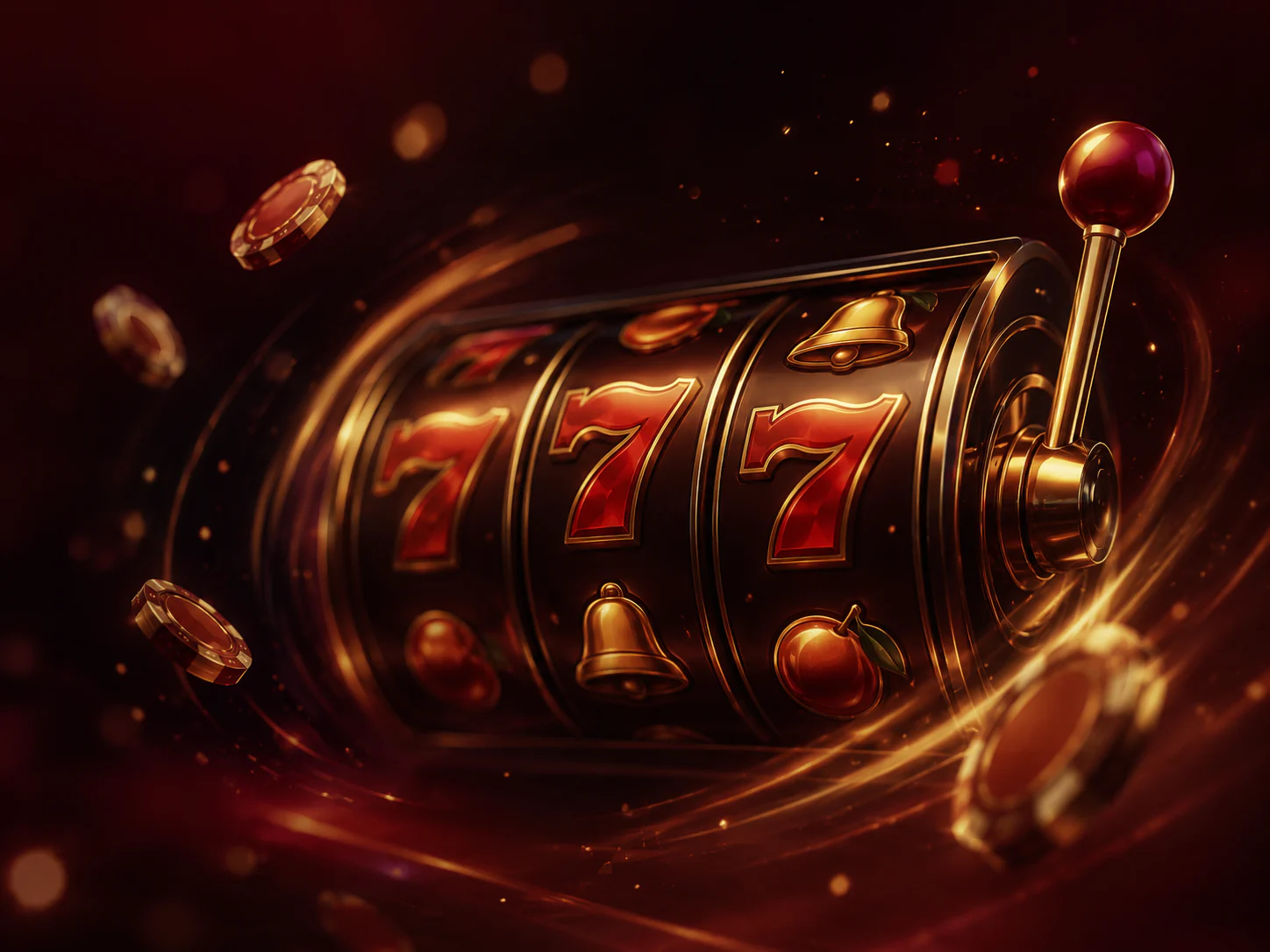 Luxury slots artwork with glowing reels and gold sparks.