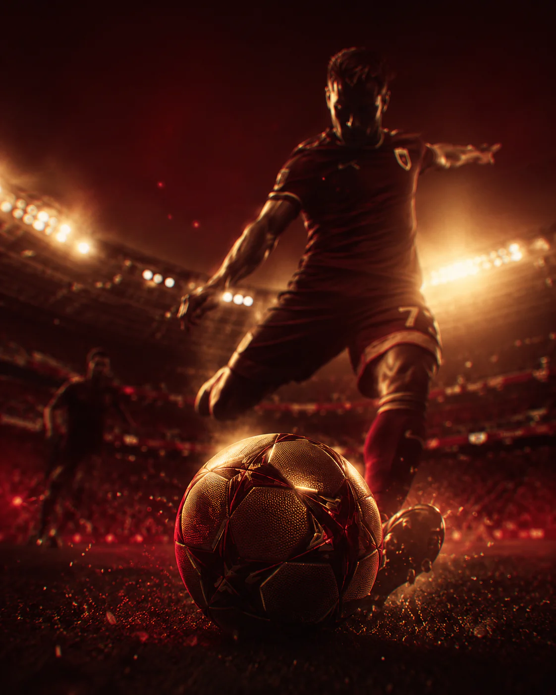Football action moment with red-gold stadium lighting.